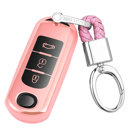 

TPU One-piece Electroplating Full Coverage Car Key Case with Key Ring for Mazda 3 AXELA / CX-8 / CX-5 / CX-4 / 6 ATENZA (Pink)