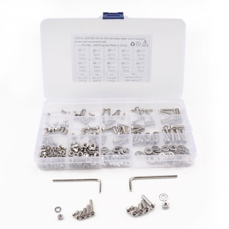 320 PCS 304 Stainless Steel Screws and Nuts Hex Socket Head Cap Screws Gasket Wrench Assortment Set Kit
320 PCS 304 Stainless Steel Screws and Nuts Hex Socket Head Cap Screws Gasket Wrench Assortment Set Kit