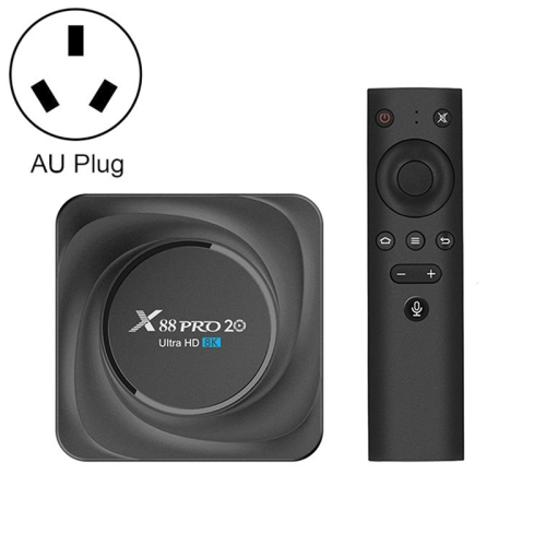 

X88 Pro 20 4K Smart TV BOX Android 11.0 Media Player with Voice Remote Control, RK3566 Quad Core 64bit Cortex-A55 up to 1.8GHz, RAM: 4GB, ROM: 32GB, Support Dual Band WiFi, Bluetooth, Ethernet, AU Plug