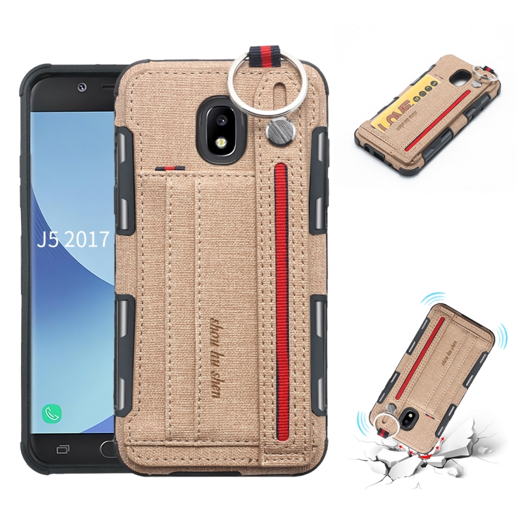 For Galaxy J5 (2017) Cloth Texture + TPU Shockproof Protective Case with Metal Ring & Holder & Card Slots & Hanging Strap(Khaki)
For Galaxy J5 (2017) Cloth Texture + TPU Shockproof Protective Case with Metal Ring & Holder & Card Slots & Hanging Strap(Khaki)