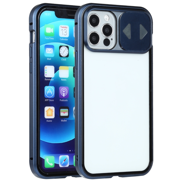 Sliding Lens Cover Mirror Design Four-corner Shockproof Magnetic Metal Frame Double-sided Tempered Glass Case For iPhone 12 Pro Max(Blue)
Sliding Lens Cover Mirror Design Four-corner Shockproof Magnetic Metal Frame Double-sided Tempered Glass Case For iPhone 12 Pro Max(Blue)