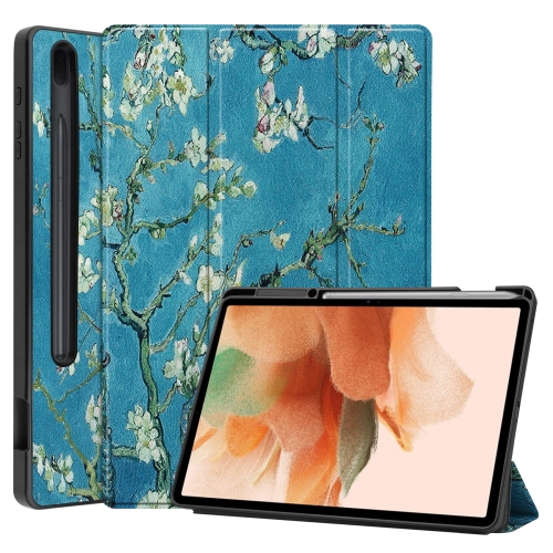 

For Samsung Galaxy Tab S7 Lite T730 / T735 / Tab S7 FE T736 Custer Painted TPU Smart Tablet Leather Case with Sleep / Wake-up Function & 3-Fold Holder & Pen Slot(Apricot Blossom)