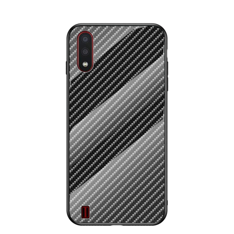 For Samsung Galaxy A01 Gradient Carbon Fiber Texture TPU Border Tempered Glass Case(Black Fiber) 
For Samsung Galaxy A01 Gradient Carbon Fiber Texture TPU Border Tempered Glass Case(Black Fiber)