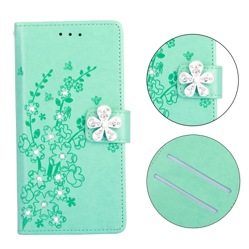 

For Galaxy M10 / A10 Plum Blossom Pattern Diamond Encrusted Leather Case with Holder & Card Slots & Wallet(Green)