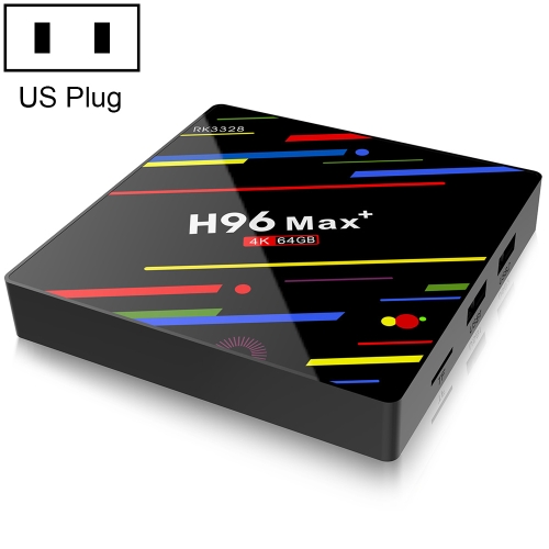 

H96 Max+ 4K Ultra HD LED Display Media Player Smart TV Box with Remote Controller, Android 9.0, Voice Version, RK3328 Quad-Core 64bit Cortex-A53, 4GB+64GB, TF Card / USBx2 / AV / Ethernet, Plug Specification:US Plug