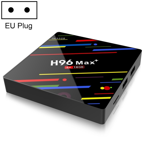 

H96 Max+ 4K Ultra HD LED Display Media Player Smart TV Box with Remote Controller, Android 9.0, RK3328 Quad-Core 64bit Cortex-A53, 2GB+16GB, Support TF Card / USBx2 / AV / Ethernet, Plug Specification:EU Plug