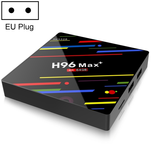 

H96 Max+ 4K Ultra HD LED Display Media Player Smart TV Box with Remote Controller, Android 9.0, RK3328 Quad-Core 64bit Cortex-A53, 4GB+64GB, Support TF Card / USBx2 / AV / Ethernet, Plug Specification:EU Plug