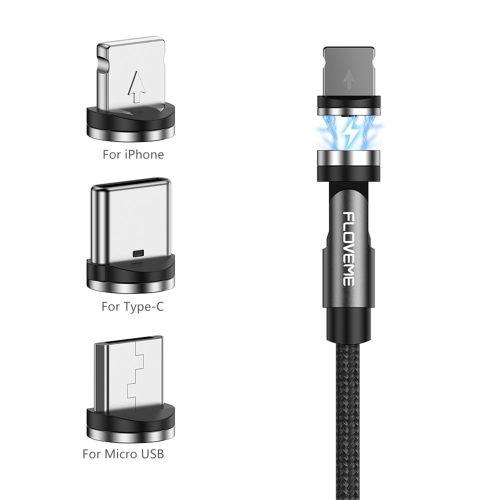 

FLOVEME YXF212901 2.1A 3 In 1 8 Pin + Type-C / USB-C + Micro USB 360 Degree Rotation Braided Magnetic Charging Cable, Length: 1m(Black)