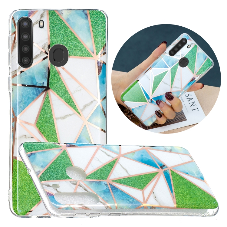 For Samsung Galaxy A21 Flat Plating Splicing Gilding Protective Case(Green Triangle Body Color Matching)
For Samsung Galaxy A21 Flat Plating Splicing Gilding Protective Case(Green Triangle Body Color Matching)