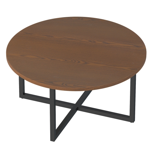 

[US Warehouse] 31 Inch Round Red Walnut Mesa Coffee Table Living Room Tea Table with Open Storage Shelf