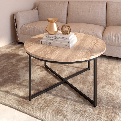 

[US Warehouse] Metal Frame Round Wooden Coffee Table with X-shaped Legs, Size: 35.04 x 35.04 x 18.11 inch(Light Brown)