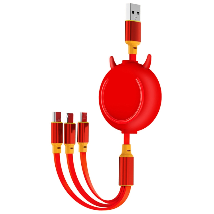 K042 1.2m 3A 3 in 1 USB to 8 Pin + USB-C / Type-C + Micro USB Bull Head Retractable Data Cable
K042 1.2m 3A 3 in 1 USB to 8 Pin + USB-C / Type-C + Micro USB Bull Head Retractable Data Cable