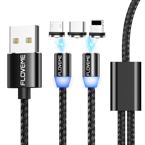 

FLOVEME 2.1A USB Nylon Magnetic Charging Cable with LED Indicator for 8 Pin + Micro USB + USB-C / Type-C, without Interface Heads (Black)