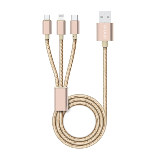 

KIVEE KV-CH061 2.1A Multi-function 8 Pin + Micro + Type-C / USB-C to USB Braid Charging Data Cable, Length: 1.2m(Gold)