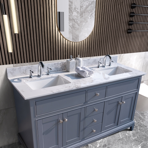 

[US Warehouse] 61 inch Bathroom Stone Vanity Top with rectangle Undermount Ceramic Sink & Back Splash(White)