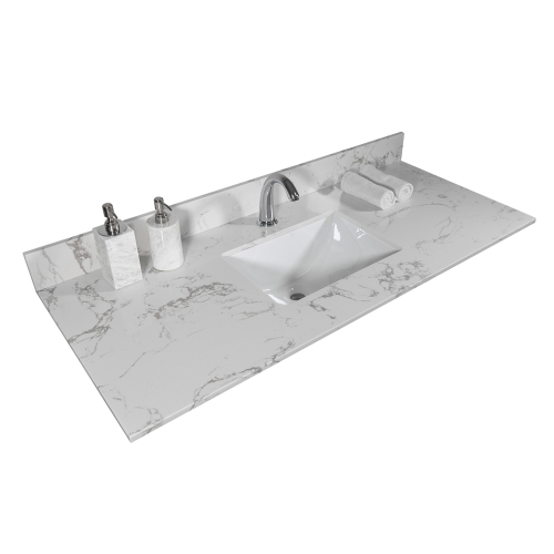 

[US Warehouse] Engineered Stone Marble Color Bathroom Vanity Surface with Rectangle Undermount Ceramic Sink & Single Faucet Hole & Back Splash, Size: 43 x 22 inch