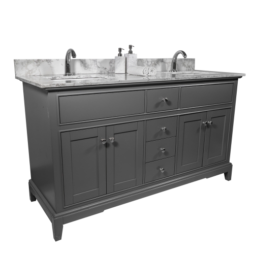

[US Warehouse] Engineered Stone Marble Color Bathroom Vanity with Double Rectangle Undermount Ceramic Sink & Single Faucet Hole & Back Splash, Size: 61 x 22 inch
