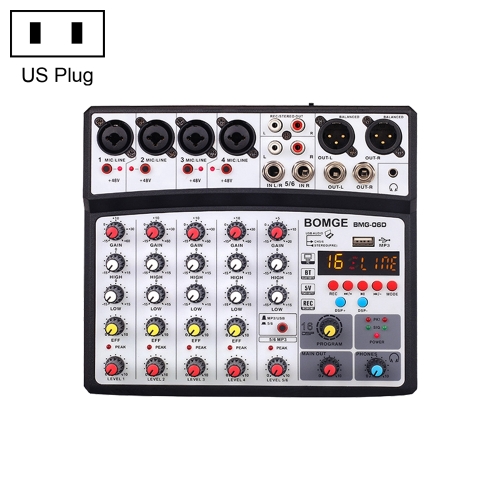 BMG-06D 6-channel Live Mixer Mobile Phone Bluetooth Sound Card Digital 16DSP Reverb Effect, US Plug(Black)
BMG-06D 6-channel Live Mixer Mobile Phone Bluetooth Sound Card Digital 16DSP Reverb Effect, US Plug(Black)