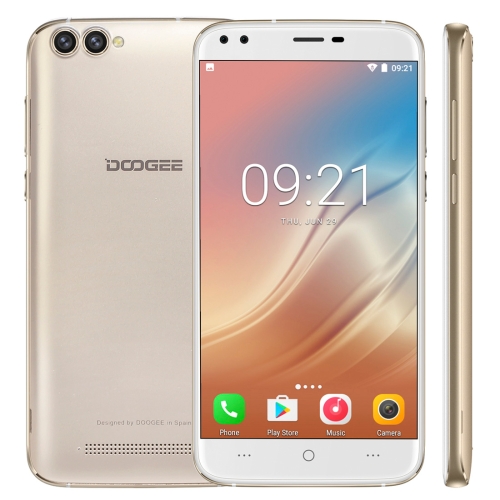 

DOOGEE X30, 2GB+16GB, Dual Back Cameras + Dual Front Cameras, 5.5 inch 2.5D Android 7.0 MTK6580 Quad Core up to 1.3GHz, Network: 3G, WiFi, OTA, GPS, Dual SIM(Gold)
