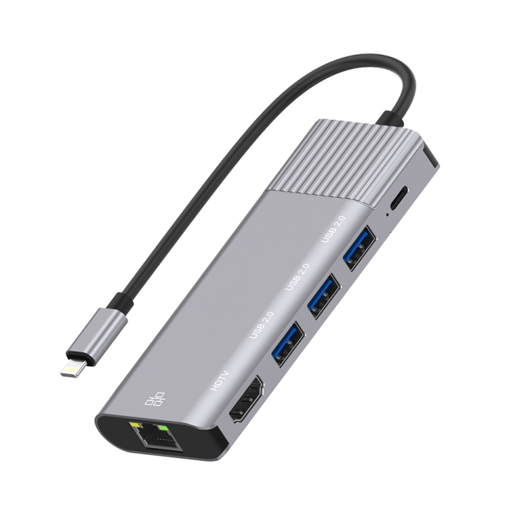 79591 6 in 1 8 Pin to RJ45 + HDMI + 8 Pin Charging + 3 USB 2.0 Ports Multifunctional HUB Converter Docking Station
79591 6 in 1 8 Pin to RJ45 + HDMI + 8 Pin Charging + 3 USB 2.0 Ports Multifunctional HUB Converter Docking Station