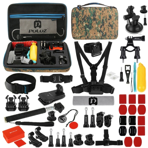 

PULUZ 53 in 1 Accessories Total Ultimate Combo Kits with Camouflage EVA Case (Chest Strap + Suction Cup Mount + 3-Way Pivot Arms + J-Hook Buckle + Wrist Strap + Helmet Strap + Extendable Monopod + Surface Mounts + Tripod Adapters + Storage Bag + Handlebar