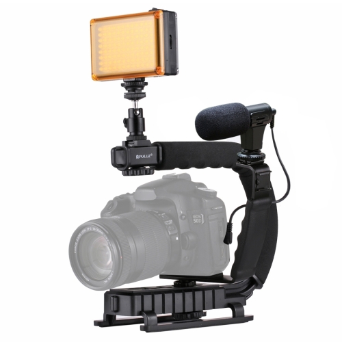 

[UAE Warehouse] PULUZ U/C Shape Portable Handheld DV Bracket Stabilizer + LED Studio Light + Video Shotgun Microphone Kit with Cold Shoe Tripod Head for All SLR Cameras and Home DV Camera