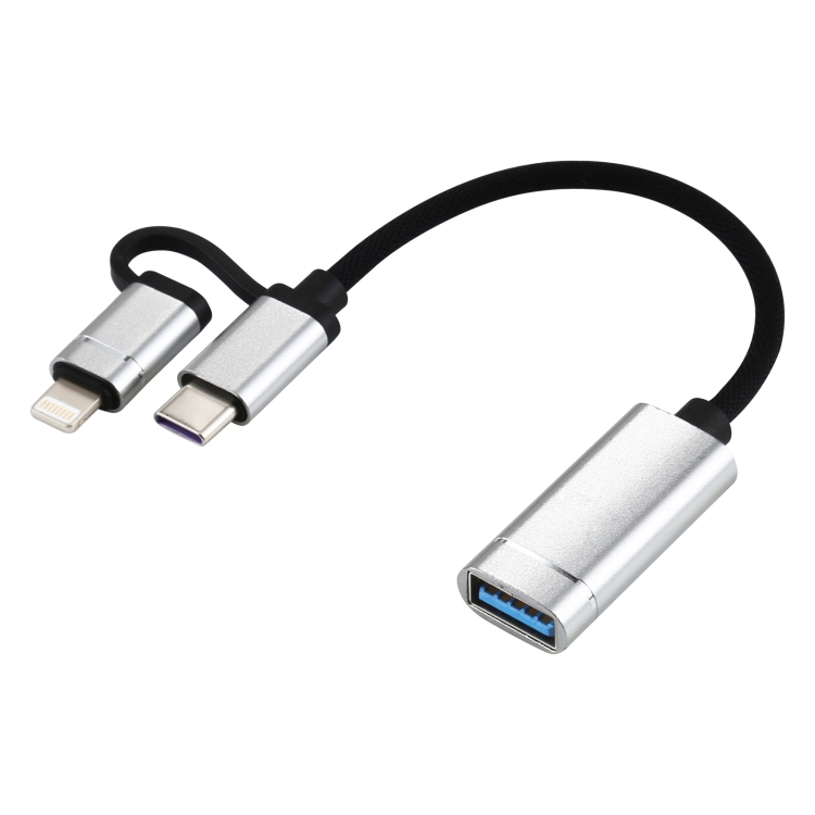 USB 3.0 Female to 8 Pin + USB-C / Type-C Male Charging + Transmission OTG Nylon Braided Adapter Cable, Cable Length: 11cm(Silver)
USB 3.0 Female to 8 Pin + USB-C / Type-C Male Charging + Transmission OTG Nylon Braided Adapter Cable, Cable Length: 11cm(Silver)