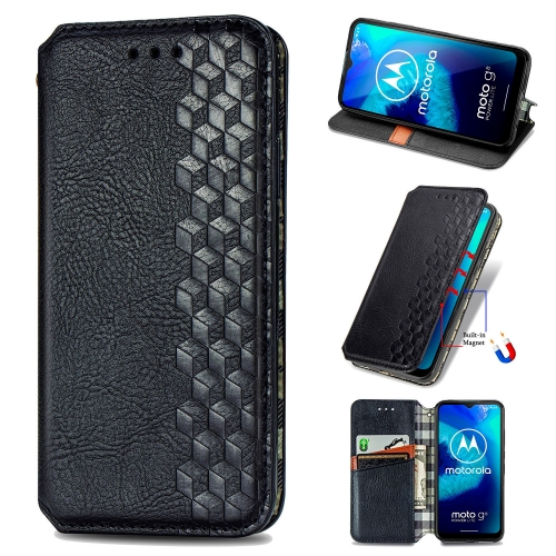 

For Motorola Moto G8 Power Lite Cubic Grid Pressed Horizontal Flip Magnetic Fashion PU Leather Case with Holder & Card Slots & Wallet & Lanyard(Black)