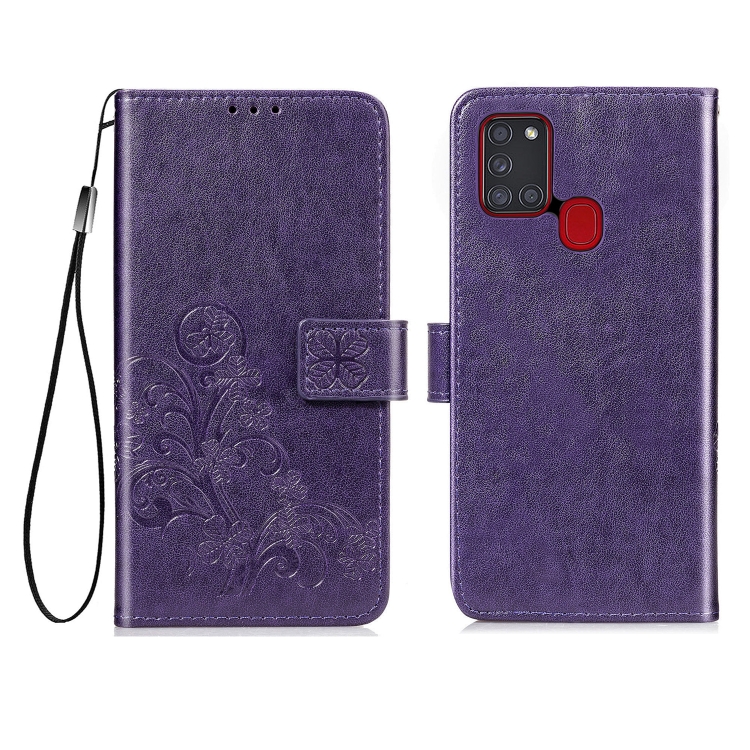 For Samsung Galaxy A21s Four-leaf Clasp Embossed Buckle Mobile Phone Protection Leather Case with Lanyard & Card Slot & Wallet & Bracket Function(Purple)
For Samsung Galaxy A21s Four-leaf Clasp Embossed Buckle Mobile Phone Protection Leather Case with Lanyard & Card Slot & Wallet & Bracket Function(Purple)