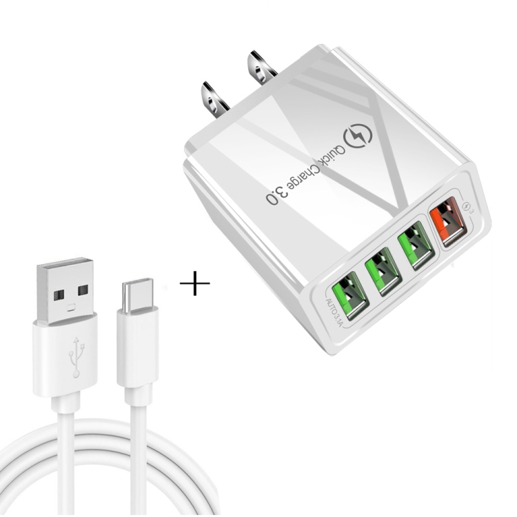 2 in 1 USB to USB-C / Type-C Data Cable + 30W QC 3.0 4 USB Interfaces Mobile Phone Tablet PC Universal Quick Charger Travel Charger Set, US Plug(White)
2 in 1 USB to USB-C / Type-C Data Cable + 30W QC 3.0 4 USB Interfaces Mobile Phone Tablet PC Universal Quick Charger Travel Charger Set, US Plug(White)