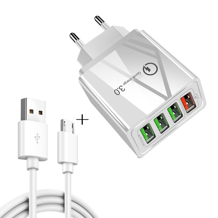 2 in 1 1m USB to Micro USB Data Cable + 30W QC 3.0 4 USB Interfaces Mobile Phone Tablet PC Universal Quick Charger Travel Charger Set, EU Plug(White)
2 in 1 1m USB to Micro USB Data Cable + 30W QC 3.0 4 USB Interfaces Mobile Phone Tablet PC Universal Quick Charger Travel Charger Set, EU Plug(White)