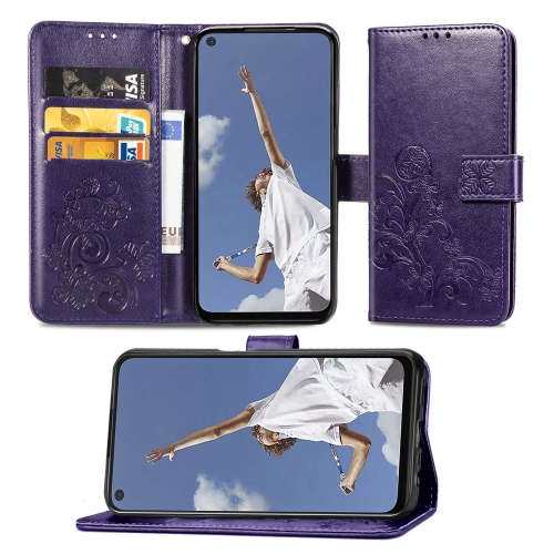 

For OPPO A72/A52/A92 Four-leaf Clasp Embossed Buckle Mobile Phone Protection Leather Case with Lanyard & Card Slot & Wallet & Bracket Function(Purple)