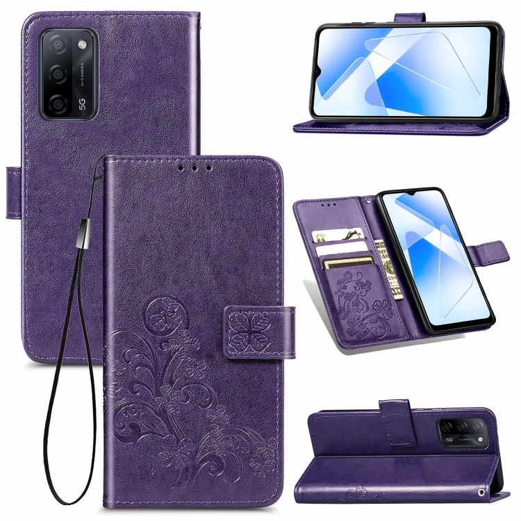 For OPPO A55 5G Four-leaf Clasp Embossed Buckle Mobile Phone Protection Leather Case with Lanyard & Card Slot & Wallet & Bracket Function(Purple)
For OPPO A55 5G Four-leaf Clasp Embossed Buckle Mobile Phone Protection Leather Case with Lanyard & Card Slot & Wallet & Bracket Function(Purple)