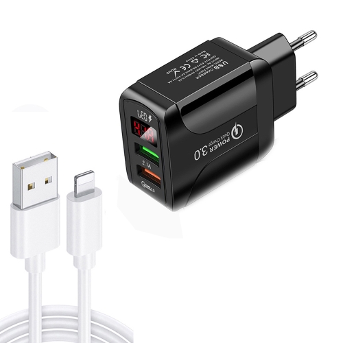 F002C QC3.0 USB + USB 2.0 LED Digital Display Fast Charger with USB to 8 Pin Data Cable, EU Plug(Black)
F002C QC3.0 USB + USB 2.0 LED Digital Display Fast Charger with USB to 8 Pin Data Cable, EU Plug(Black)