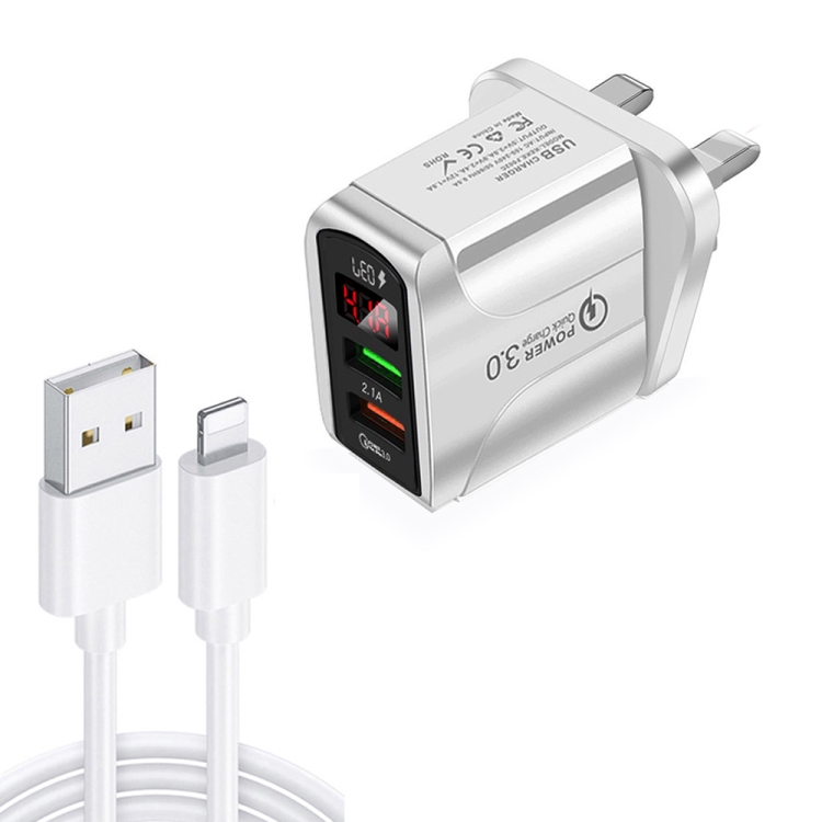 F002C QC3.0 USB + USB 2.0 LED Digital Display Fast Charger with USB to 8 Pin Data Cable, UK Plug(White)
F002C QC3.0 USB + USB 2.0 LED Digital Display Fast Charger with USB to 8 Pin Data Cable, UK Plug(White)