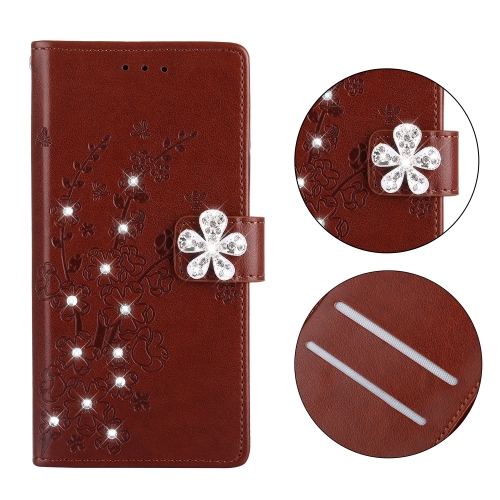 

Plum Blossom Pattern Diamond Encrusted Leather Case for Galaxy A10 , with Holder & Card Slots(Plum brown)