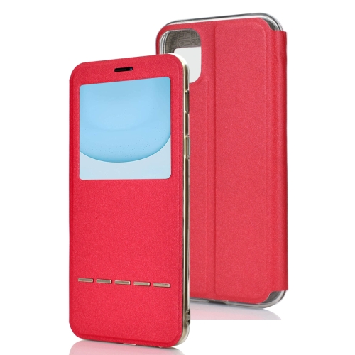 

For iPhone 11 Matte Texture Horizontal Flip Bracket Mobile Phone Holster Window with Caller ID and Metal Button Slide To Unlock(Red)
