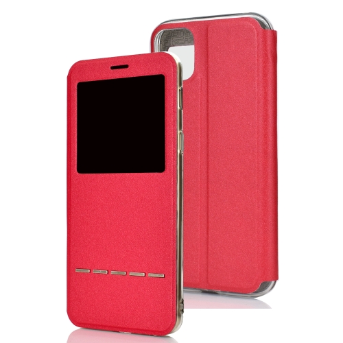 

For iPhone 11 Pro Max Matte Texture Horizontal Flip Bracket Mobile Phone Holster Window with Caller ID and Metal Button Slide To Unlock(Red)
