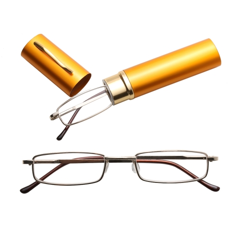 

Reading Glasses Metal Spring Foot Portable Presbyopic Glasses with Tube Case +1.50D(Yellow )