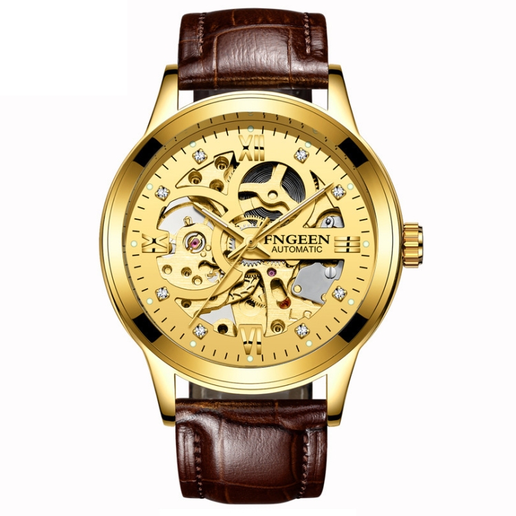 FNGEEN 6018 Men Automatic Mechanical Watch Waterproof Luminous Diamond Double-Sided Hollow Watch(Brown Leather Gold Shell Gold Surface)
FNGEEN 6018 Men Automatic Mechanical Watch Waterproof Luminous Diamond Double-Sided Hollow Watch(Brown Leather Gold Shell Gold Surface)