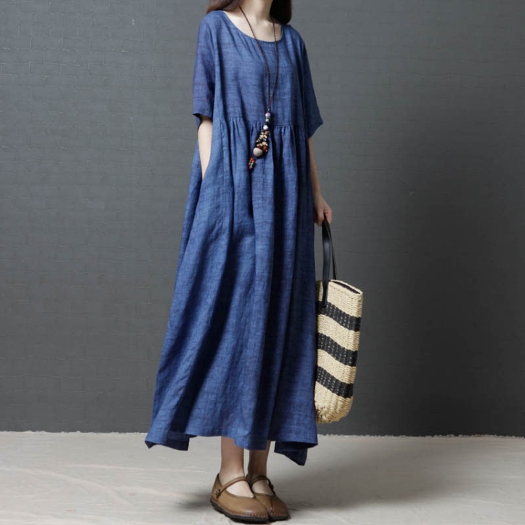 Summer Round Neck Solid Color Ramie Loose Dress for Women (Color:Blue Size:XL)
Summer Round Neck Solid Color Ramie Loose Dress for Women (Color:Blue Size:XL)