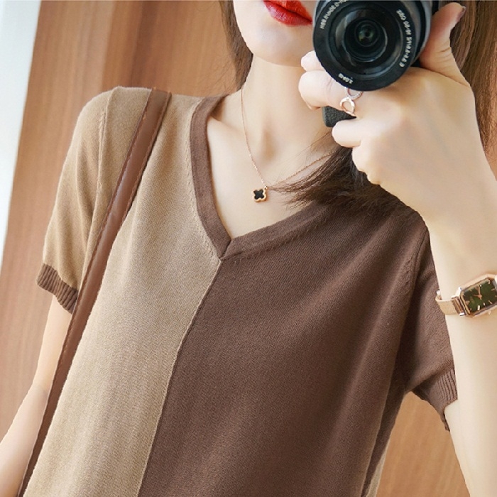 Colorblock V-neck Knitted Short-sleeved Half-sleeved T-shirt(Color:Camel Size:Free Size)
Colorblock V-neck Knitted Short-sleeved Half-sleeved T-shirt(Color:Camel Size:Free Size)