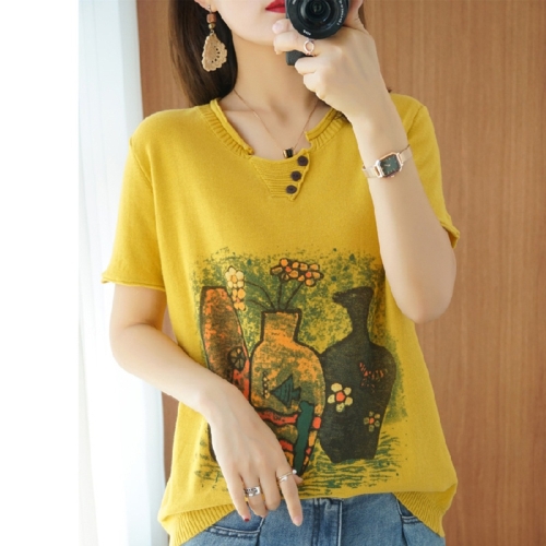 V-neck Printed Knitted Short-sleeved Loose Bottoming Shirt (Color:Yellow Size:Free Size)
V-neck Printed Knitted Short-sleeved Loose Bottoming Shirt (Color:Yellow Size:Free Size)