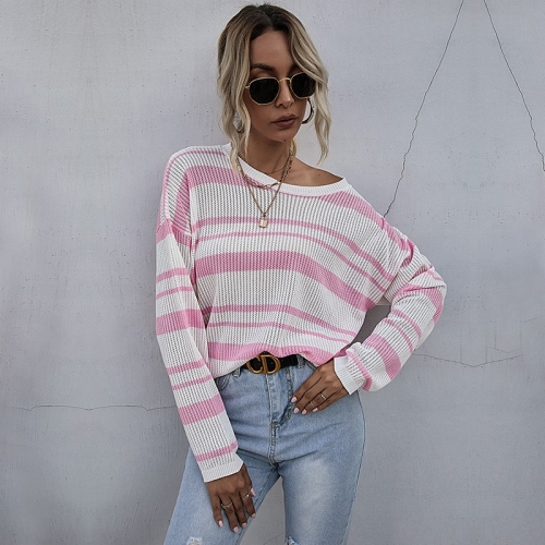 Striped Contrast Casual Sweater Loose Round Neck Versatile Sweater (Color:Pink Size:L)
Striped Contrast Casual Sweater Loose Round Neck Versatile Sweater (Color:Pink Size:L)