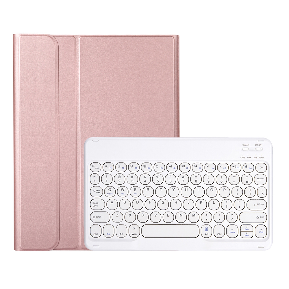YA07B Detachable Lambskin Texture Round Keycap Bluetooth Keyboard Leather Tablet Case with Pen Slot & Stand For iPad 9.7 inch (2018) & (2017) / Pro 9.7 inch / Air 2 /Air(Rose Gold)_voghion.com