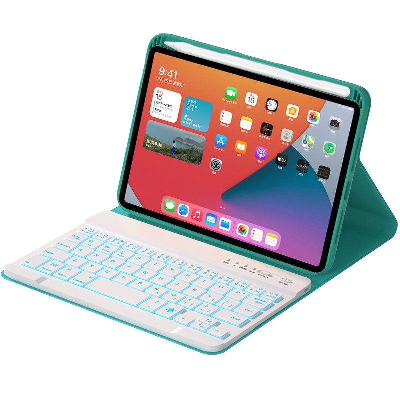 HK006D Square Keys Detachable Bluetooth Solid Color Keyboard Leather Tablet Case with Colorful Backlight & Holder for iPad mini 6(Dark Green)_voghion.com