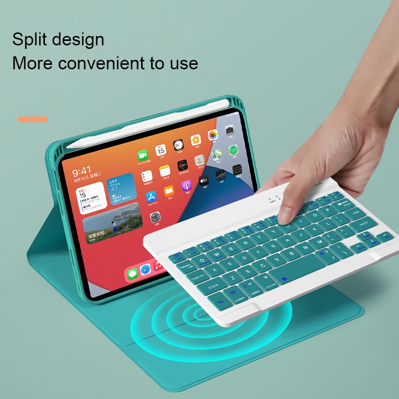 HK006D Square Keys Detachable Bluetooth Solid Color Keyboard Leather Tablet Case with Colorful Backlight & Holder for iPad mini 6(Dark Green)_voghion.com