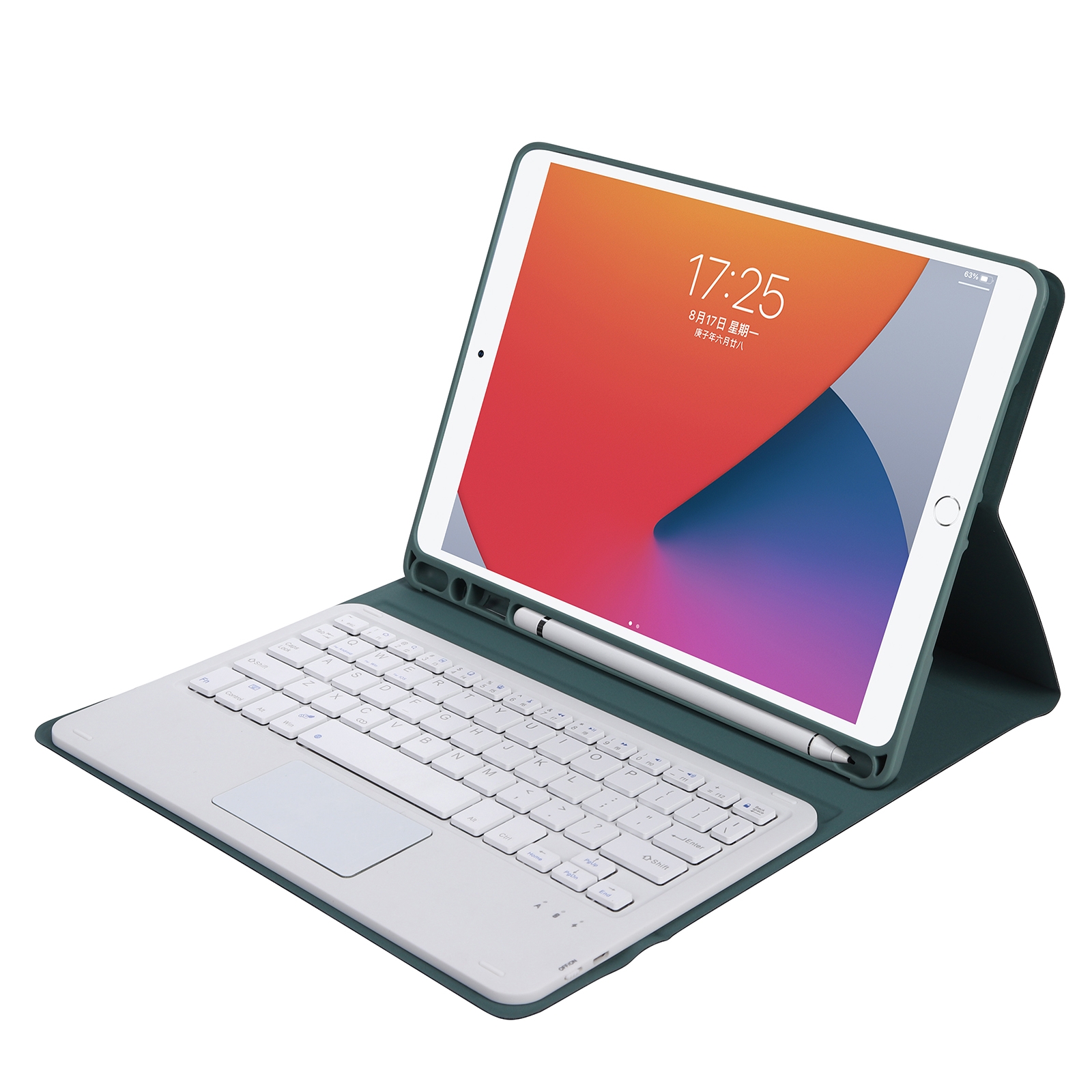 A07B-A Textura de pele de cordeiro Quadrado Keycap Bluetooth Teclado Capa de couro com controle de toque para iPad 9.7 2018 e 2017 / Pro 9.7 polegadas / Air 2 (verde escuro)_voghion.com