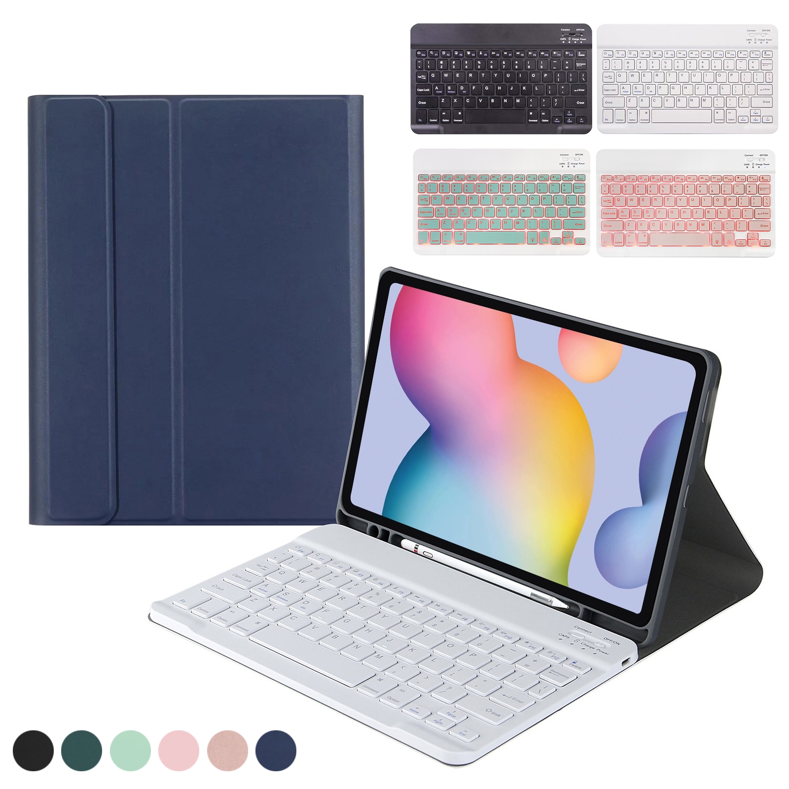 Square Cap Bluetooth Keyboard Leather Case with Pen Slot for Samsung Galaxy Tab S6 Lite(Dark Blue)_voghion.com