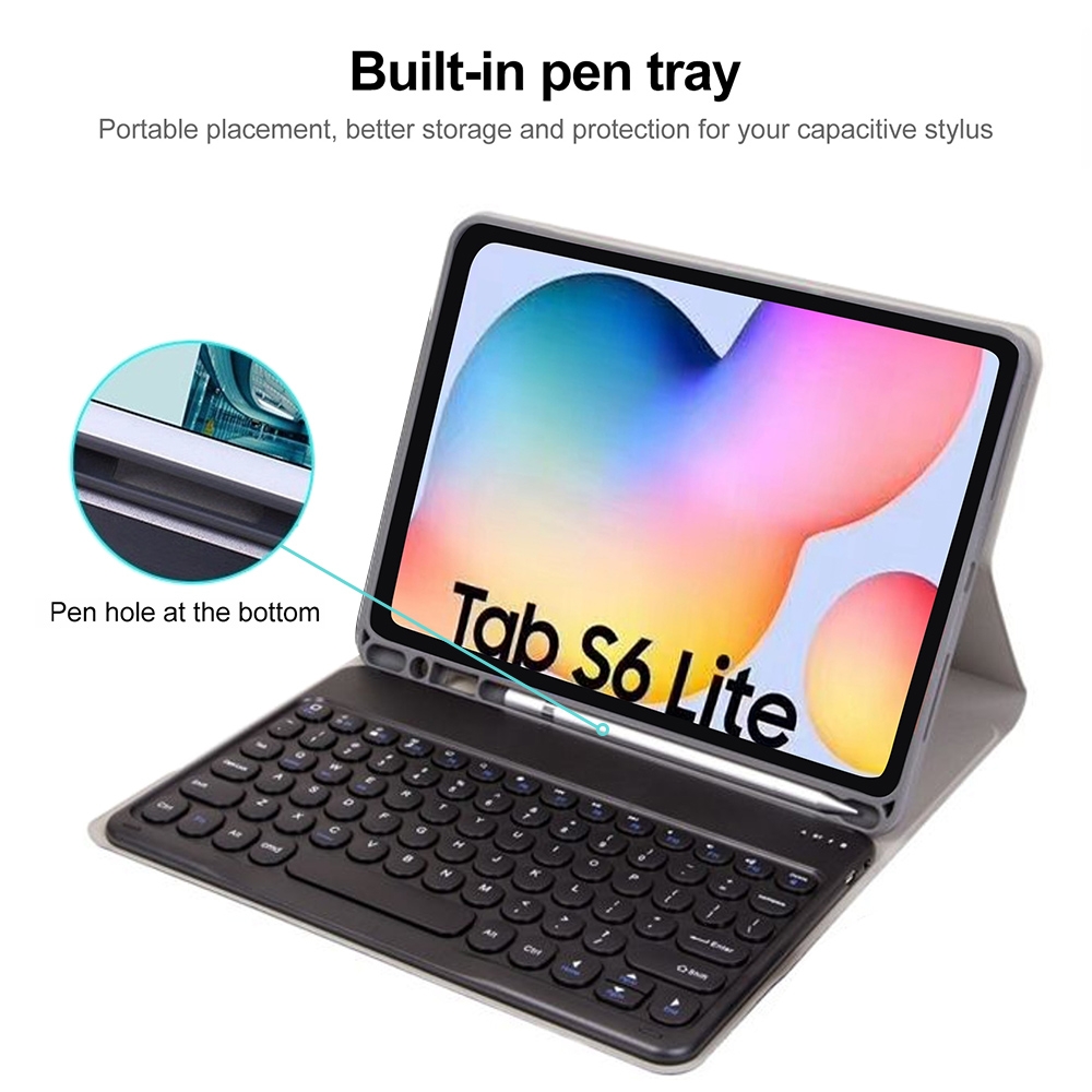 Pyöreä korkki Bluetooth-näppäimistön nahkakotelo kynäpaikalla Samsung Galaxy Tab S6 Lite -puhelimelle, tekniset tiedot: ilman kosketuslevyä (tummansininen + musta näppäimistö)_voghion.com